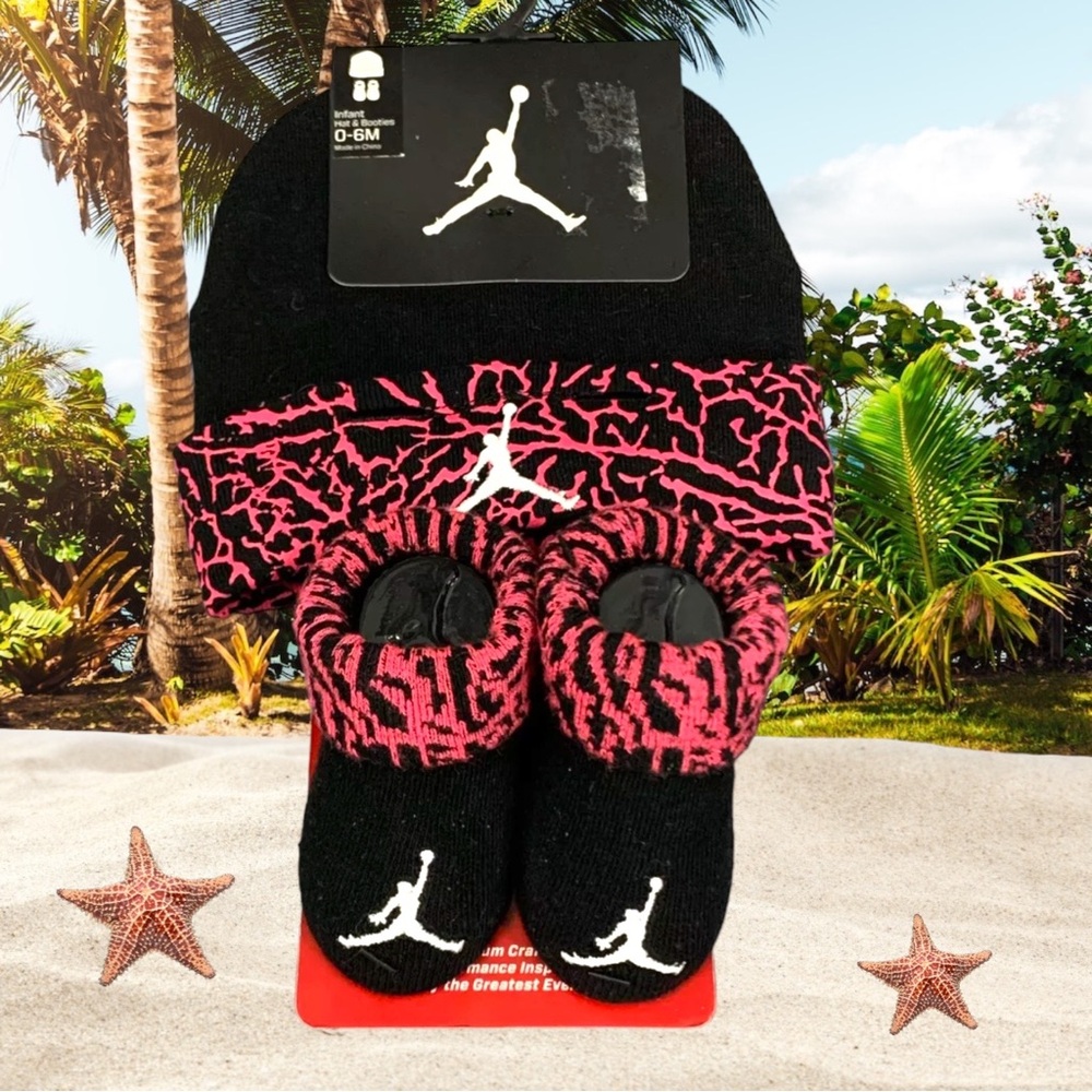 Jordan Pink/Black Logo Sport Basketball Knitted Infant Hat &Booties - Size 0-6M